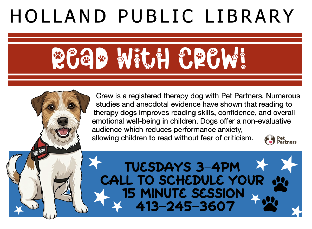 Read with Crew the therapy Dog Tuesdays at 3