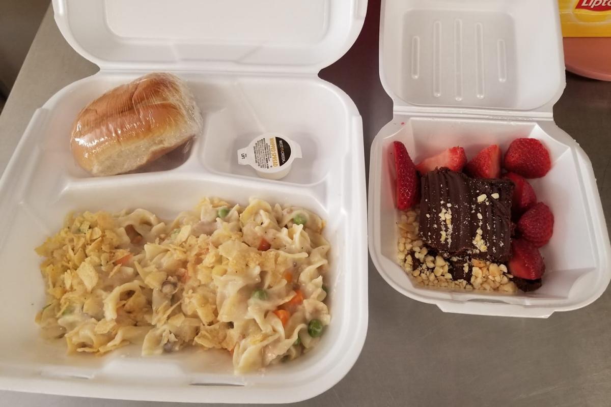 Tuna Casserole, with a Chocolate Cake and Fresh Strawberries.